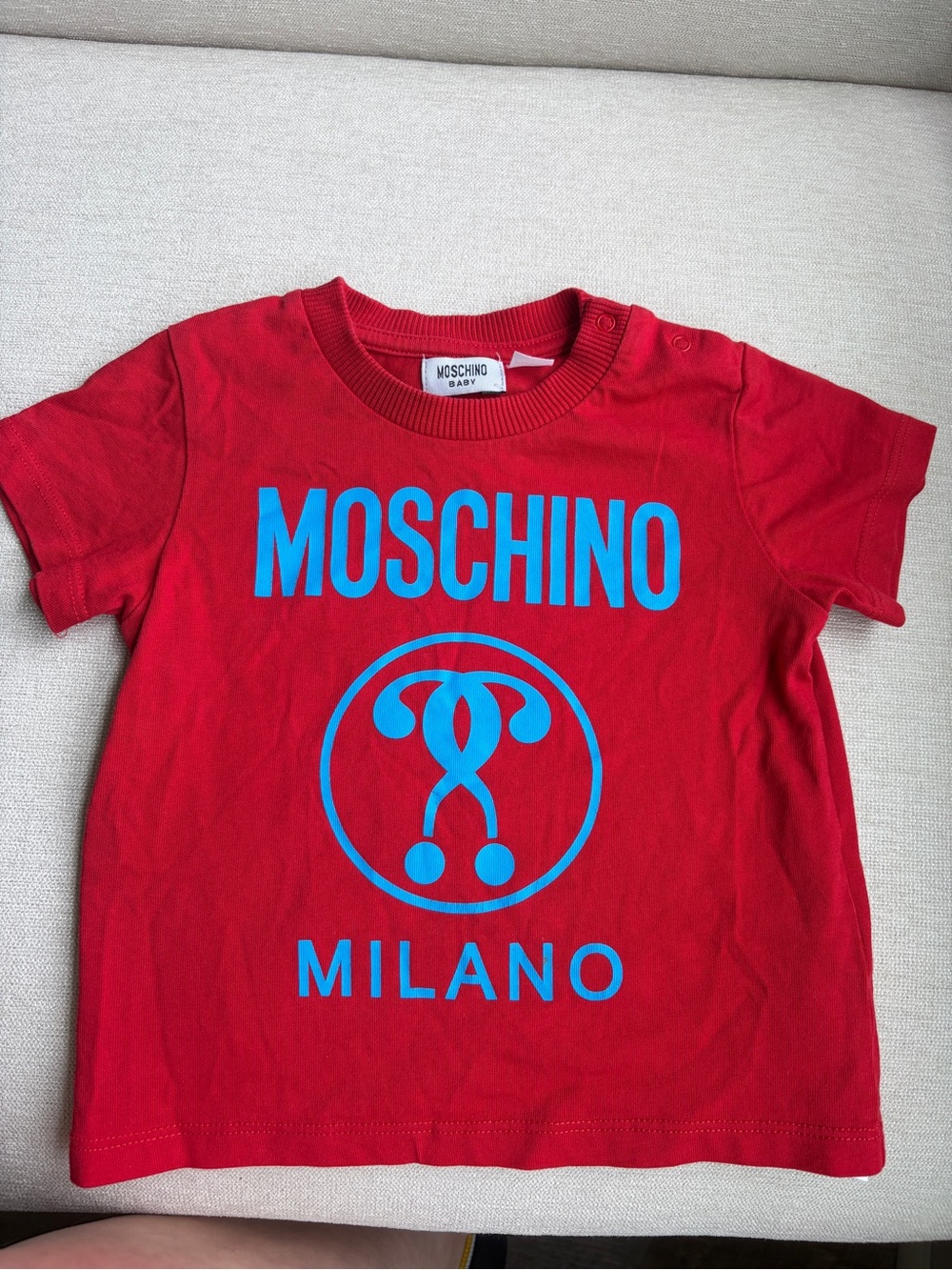 Moschino Red Short-Sleeve Logo Tee with Blue Print